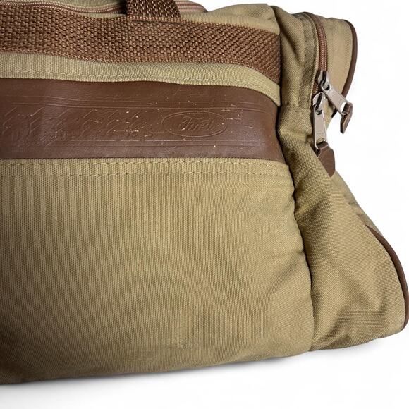 Eddie Bauer Ford Vintage 90s Weekender Duffle Travel Bag Khaki Canvas Leather - Picture 7 of 7